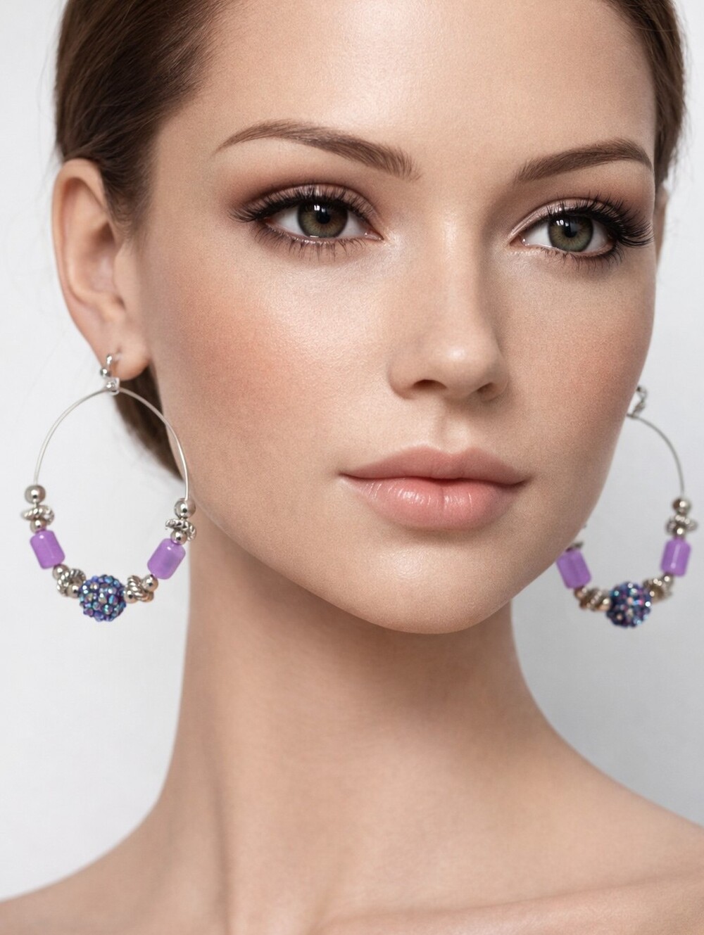 Pastel Lavender Beaded Hoop Earrings with Iridescent Accents – Women’s Jewelry